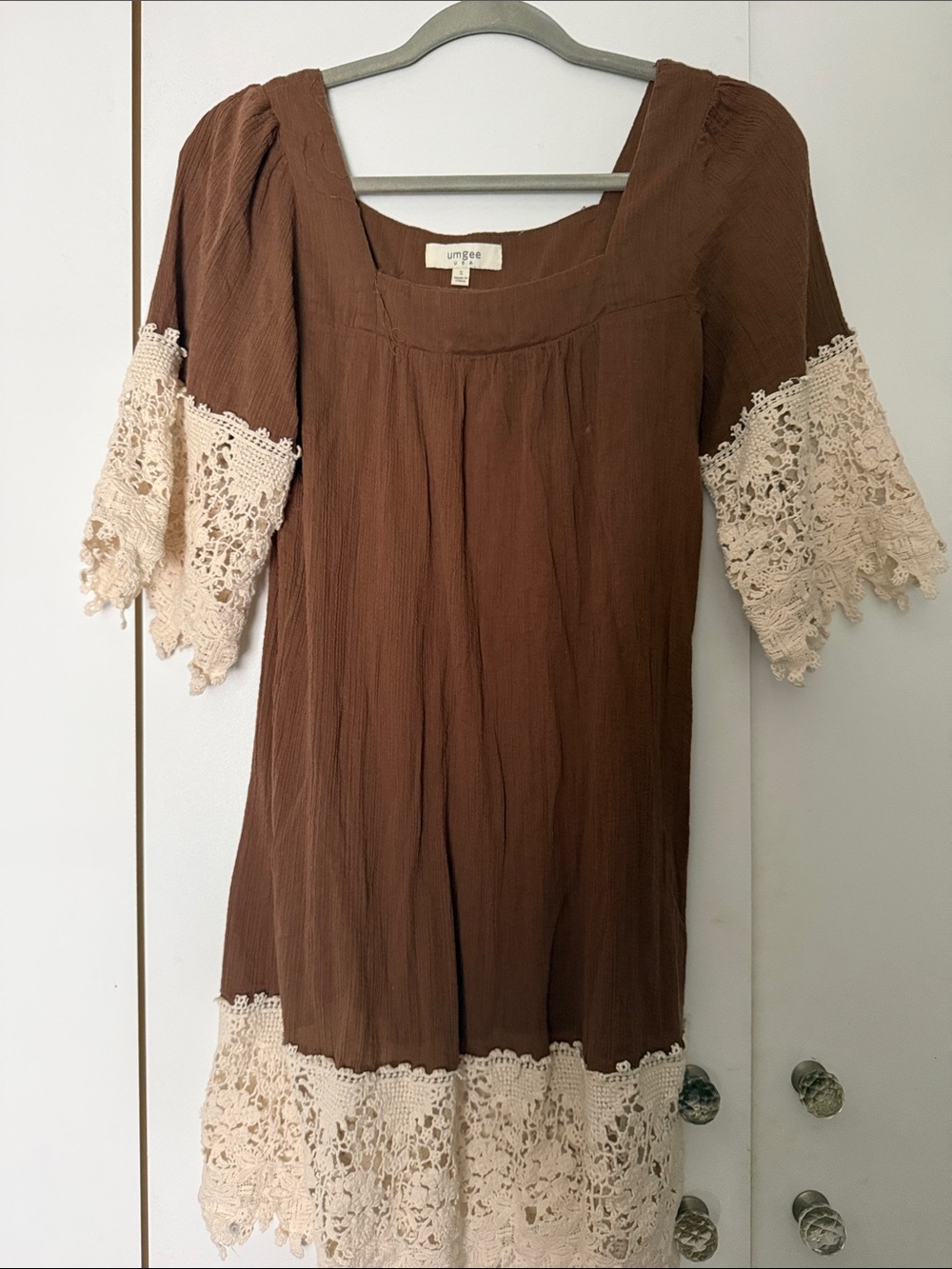 Umgee Brown Tunic with Cream Crochet Trim